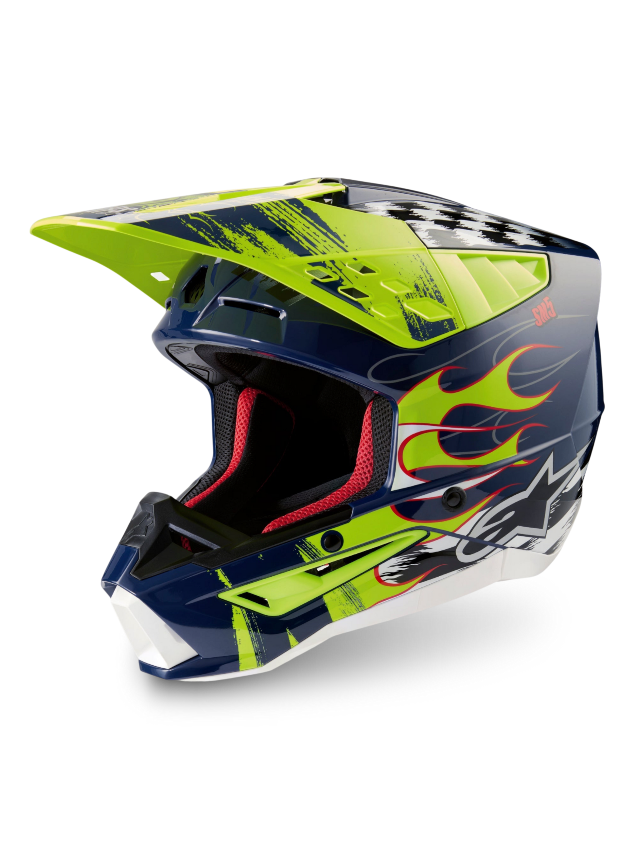 Alpinestars S-M5 Rash Helmet ECE 22.06, Night Navy and Yellow Fluo glossy motocross helmet with advanced protection.