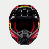 Alpinestars S-M5 Rash Helmet ECE, Motocross Helmet, Dark Gray and Bright Red Glossy with neon yellow accents, front view showing the chin bar and red mesh interior padding, aerodynamic shell with bold graphic design for off-road racing