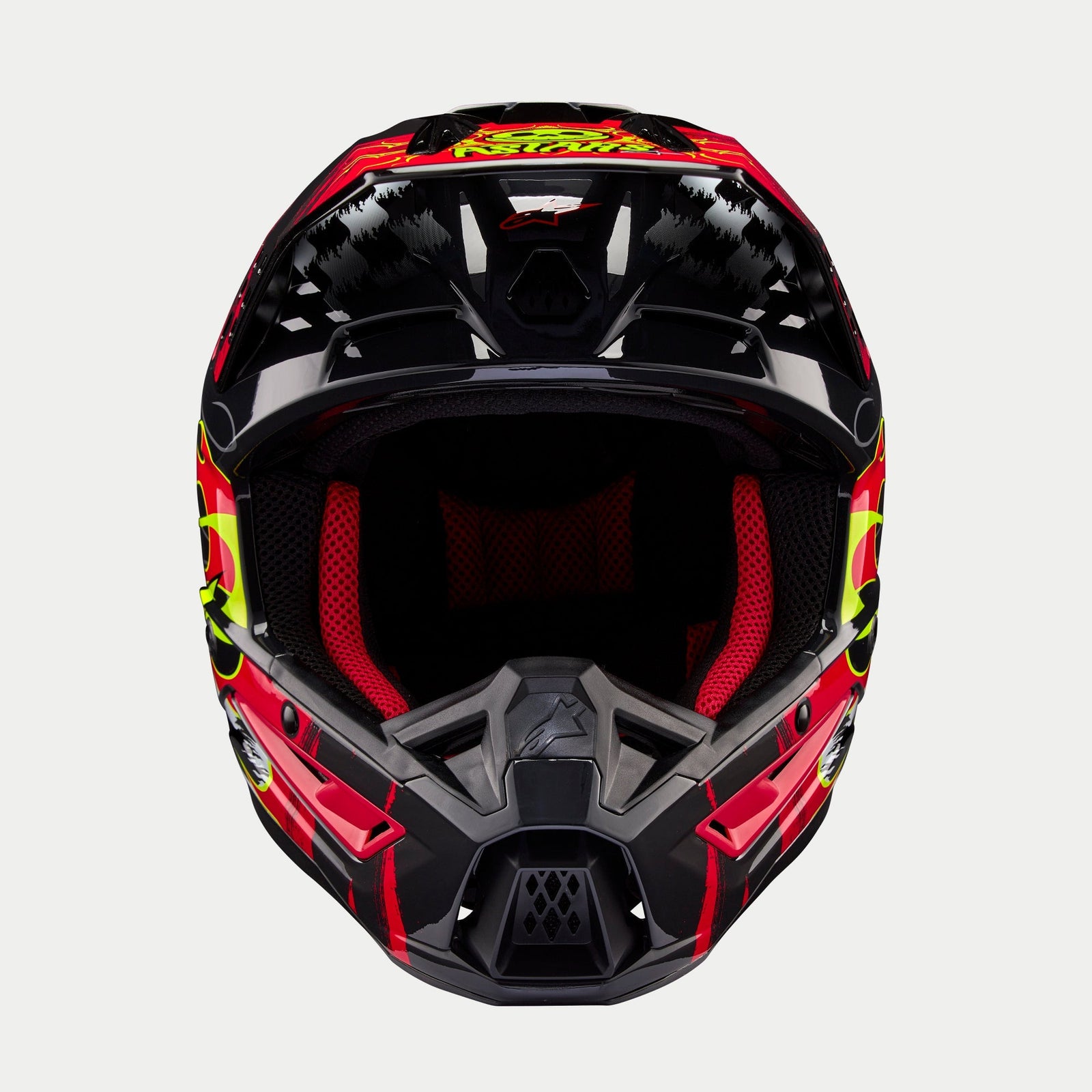 Alpinestars S-M5 Rash Helmet ECE, Motocross Helmet, Dark Gray and Bright Red Glossy with neon yellow accents, front view showing the chin bar and red mesh interior padding, aerodynamic shell with bold graphic design for off-road racing