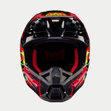 Alpinestars S-M5 Rash Helmet ECE, Motocross Helmet, Dark Gray and Bright Red Glossy with neon yellow accents, front view showing the chin bar and red mesh interior padding, aerodynamic shell with bold graphic design for off-road racing