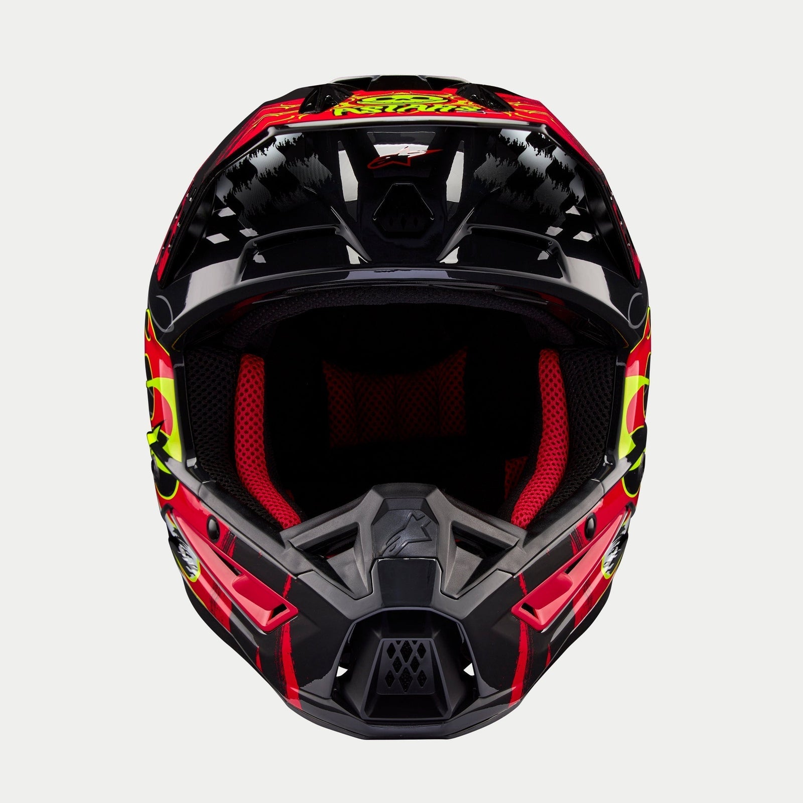Alpinestars S-M5 Rash Helmet ECE, Motocross Helmet, Dark Gray and Bright Red Glossy with neon yellow accents, front view showing the chin bar and red mesh interior padding, aerodynamic shell with bold graphic design for off-road racing