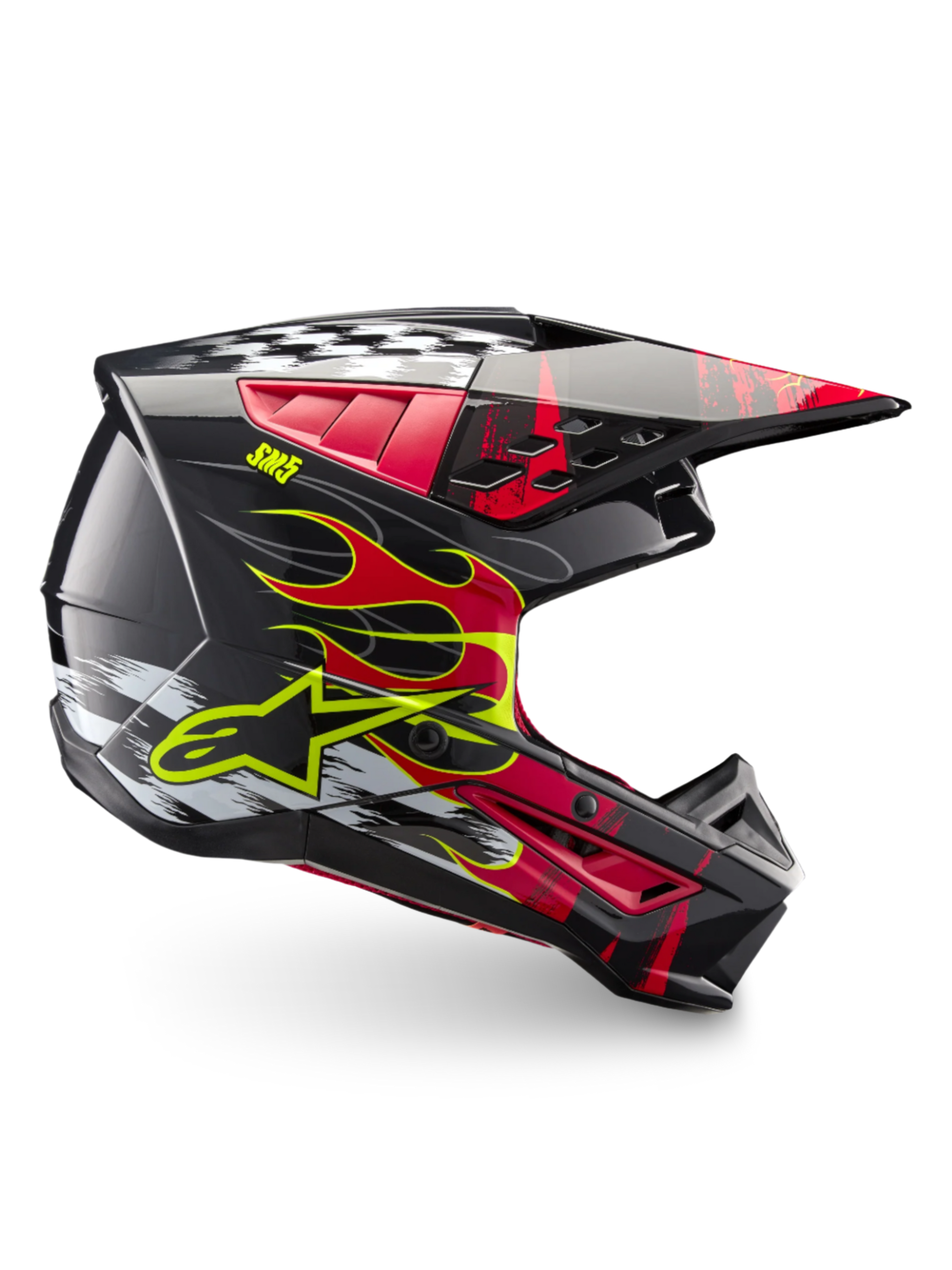 Alpinestars S-M5 Rash Helmet ECE 22.06, Dark Gray and Bright Red Motocross Helmet with flame graphics and lightweight shell.