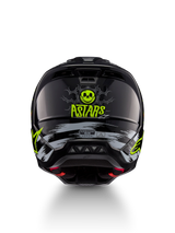 Alpinestars S-M5 Rash Helmet, black and neon yellow motocross helmet with skull graphic, rear view, ECE 22.06 certified.