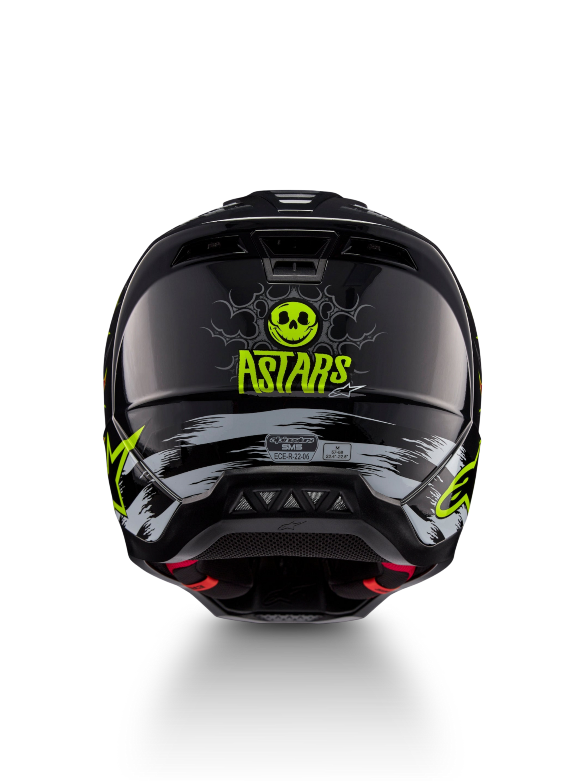 Alpinestars S-M5 Rash Helmet, black and neon yellow motocross helmet with skull graphic, rear view, ECE 22.06 certified.
