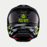 Alpinestars S-M5 Rash Helmet ECE, Motocross Helmet, Rear view, Glossy Dark Gray with bright yellow-green skull and ASTARS logo, gray brushstroke graphics, red interior padding, ECE 22.06 certified
