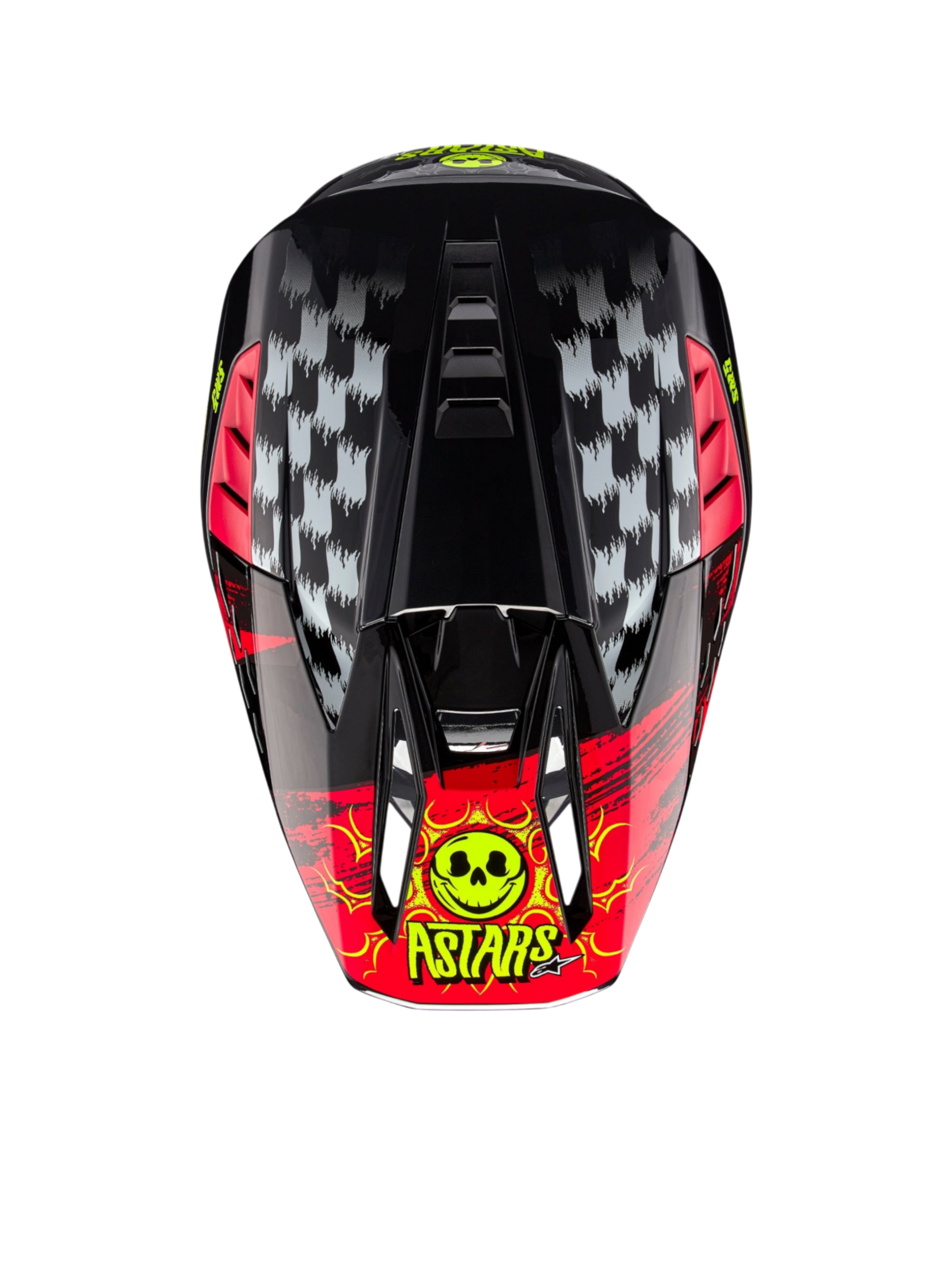 Alpinestars S-M5 Rash Helmet ECE 22.06, Motocross Helmet in Dark Gray and Bright Red, top view with skull graphic.