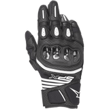 Alpinestars SPX AC V2 Gloves, Short-Cuff Motorcycle Gloves, Black and White, featuring glossy carbon knuckle protection, perforated leather and mesh for ventilation, white TPR finger inserts, and sporty SPX branding