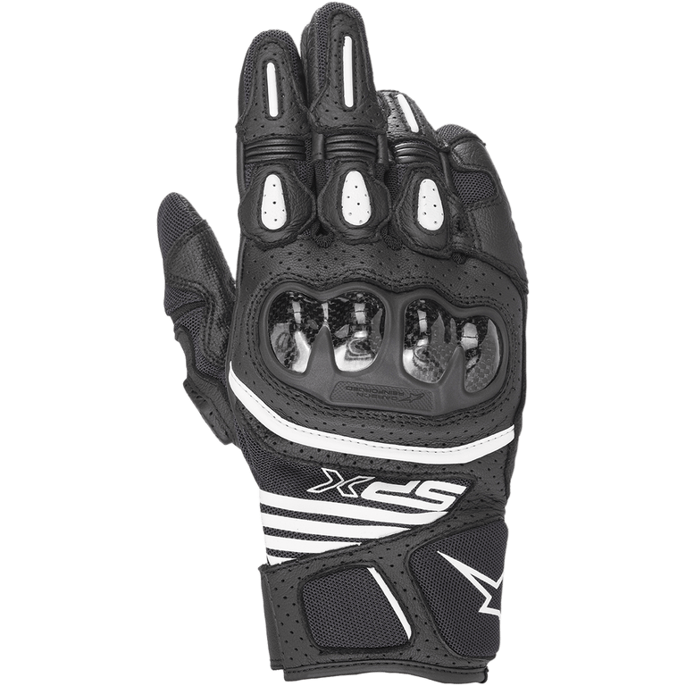 Alpinestars SPX AC V2 Gloves, Short-Cuff Motorcycle Gloves, Black and White, featuring glossy carbon knuckle protection, perforated leather and mesh for ventilation, white TPR finger inserts, and sporty SPX branding