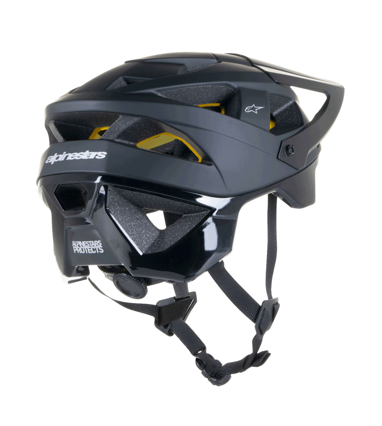 Alpinestars Vector Tech Solid Helmet, MTB cycling helmet, Black Matte and Glossy finish, featuring Mips protection, 19 air vents, and extended nape coverage for off-road trail protection.
