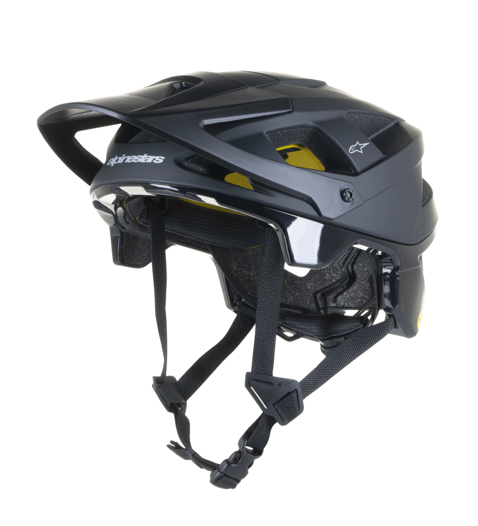 Alpinestars Vector Tech Solid Helmet, Black MTB Mountain Bike Helmet, Matte and Glossy Finish with 19 Vents, Yellow Interior Mips Padding, Adjustable Visor and Straps, Lightweight Protection for Trail and All-Mountain Riding