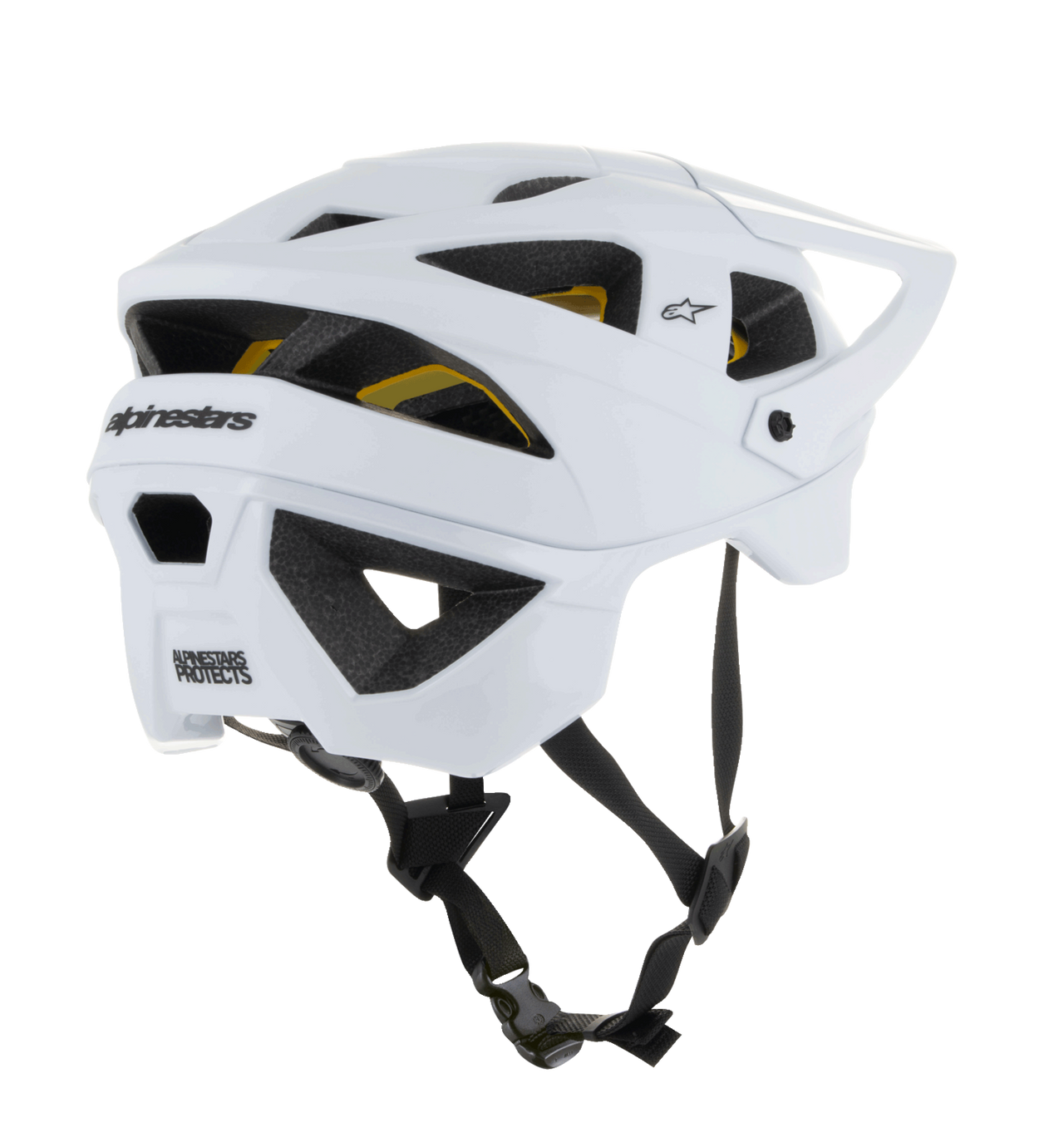 Alpinestars Vector Tech Solid Helmet, open-face MTB helmet, White Matt and Glossy finish, featuring large ventilation ports with yellow Mips liner visible, black Alpinestars branding on rear, and adjustable black chin strap, professional mountain bike protection