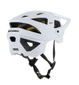Alpinestars Vector Tech Solid Helmet, open-face MTB helmet, White Matt and Glossy finish, featuring large ventilation ports with yellow Mips liner visible, black Alpinestars branding on rear, and adjustable black chin strap, professional mountain bike protection