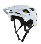 Alpinestars Vector Tech Solid Helmet, MTB Mountain Bike Helmet, White Matt and Glossy, featuring an angular design with multiple air vents, black adjustable chin straps, yellow Mips interior padding, and an adjustable front visor
