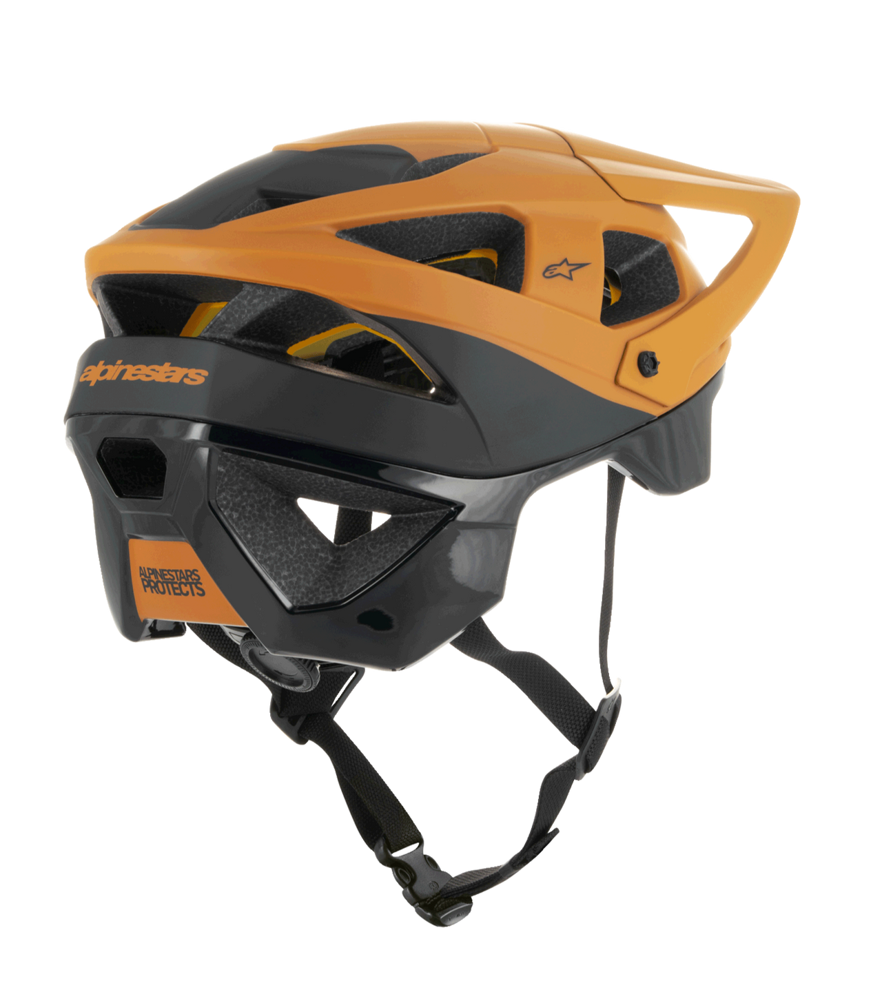 Alpinestars Vector Tech Zeal Helmet, MTB Helmet, Black and Dark Gold, rear-side view showing multiple ventilation ports, adjustable visor, and secure black chin strap, protective mountain bike gear with Alpinestars branding