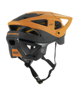Alpinestars Vector Tech Zeal Helmet, MTB Helmet, Black and Dark Gold, rear-side view showing multiple ventilation ports, adjustable visor, and secure black chin strap, protective mountain bike gear with Alpinestars branding