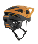 Alpinestars Vector Tech Zeal Helmet, MTB Helmet, Black and Dark Gold, rear-side view showing multiple ventilation ports, adjustable visor, and secure black chin strap, protective mountain bike gear with Alpinestars branding