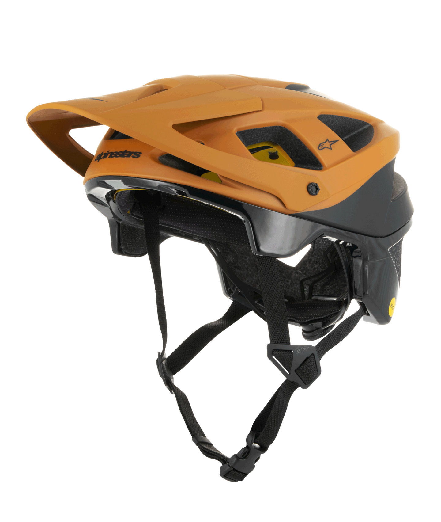 Alpinestars Vector Tech Zeal Helmet, MTB Mountain Biking Helmet, Orange and Black with yellow Mips logo, featuring a large front visor, multiple ventilation ports, and an adjustable chin strap, designed for off-road trail protection