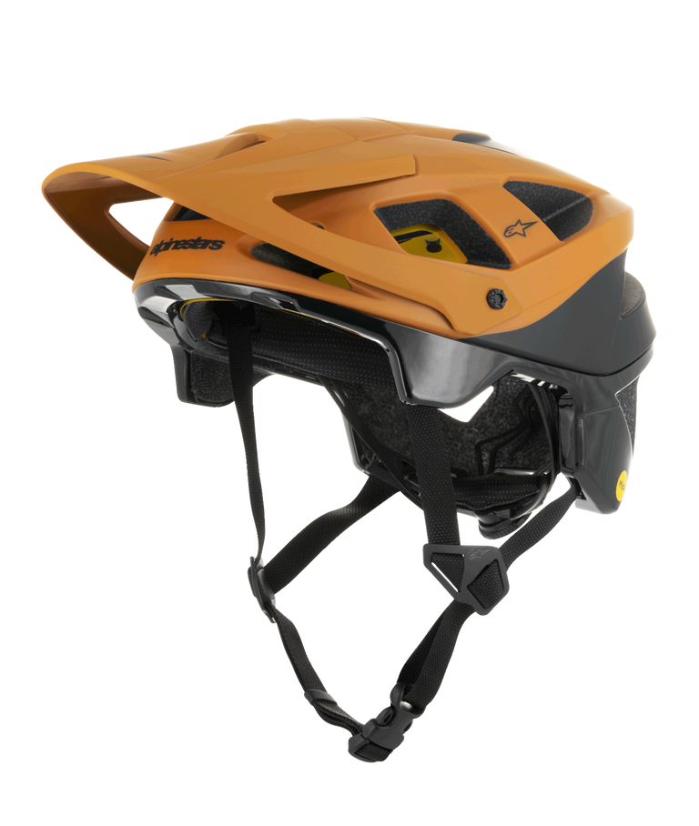 Alpinestars Vector Tech Zeal Helmet, MTB Mountain Biking Helmet, Orange and Black with yellow Mips logo, featuring a large front visor, multiple ventilation ports, and an adjustable chin strap, designed for off-road trail protection
