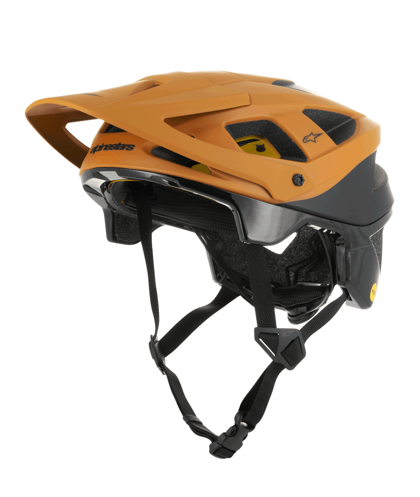 Alpinestars Vector Tech Zeal Helmet, MTB Mountain Biking Helmet, Orange and Black with yellow Mips logo, featuring a large front visor, multiple ventilation ports, and an adjustable chin strap, designed for off-road trail protection
