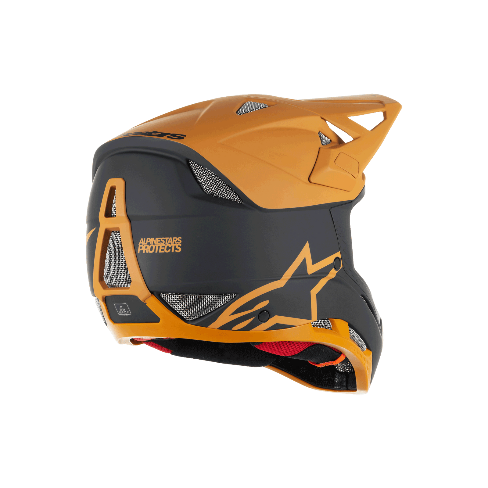 Alpinestars Missile Tech Racer Helmet, Full-Face MTB Helmet, Black and Dark Gold Matt, rear side view featuring mesh ventilation ports, aerodynamic visor, and Alpinestars Protects branding on the back, professional downhill cycling protection.