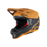Alpinestars Missile Tech Racer Helmet, Full-Face MTB Helmet, Black and Dark Gold Matt, matte finish with gold star logo, red interior padding, silver mesh vents for airflow, angular visor, downhill mountain bike protection gear