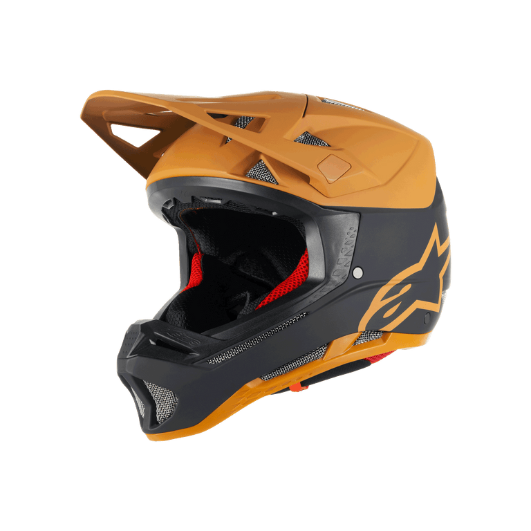 Alpinestars Missile Tech Racer Helmet, Full-Face MTB Helmet, Black and Dark Gold Matt, matte finish with gold star logo, red interior padding, silver mesh vents for airflow, angular visor, downhill mountain bike protection gear