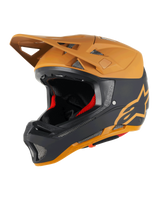 Alpinestars Missile Tech Racer Helmet, Full-Face MTB Helmet, Black and Dark Gold Matt, matte finish with gold star logo, red interior padding, silver mesh vents for airflow, angular visor, downhill mountain bike protection gear