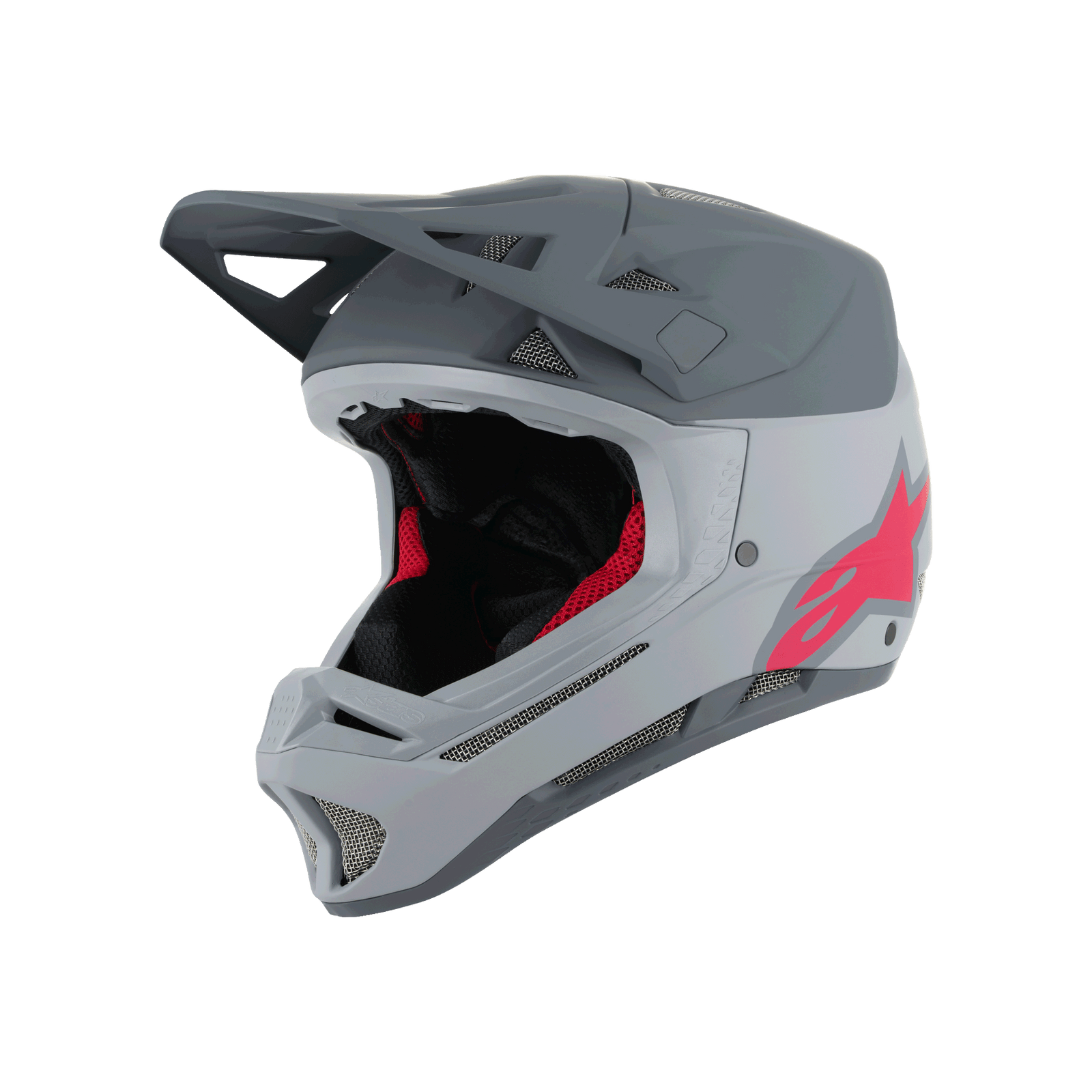 Alpinestars Missile Tech Racer Helmet, Full-Face MTB Helmet, Light Gray and Dark Gray Matte with Pink Astars Logo, Aerodynamic Visor, Multiple Mesh Vents, Black and Red Interior Padding, Downhill Mountain Biking Gear