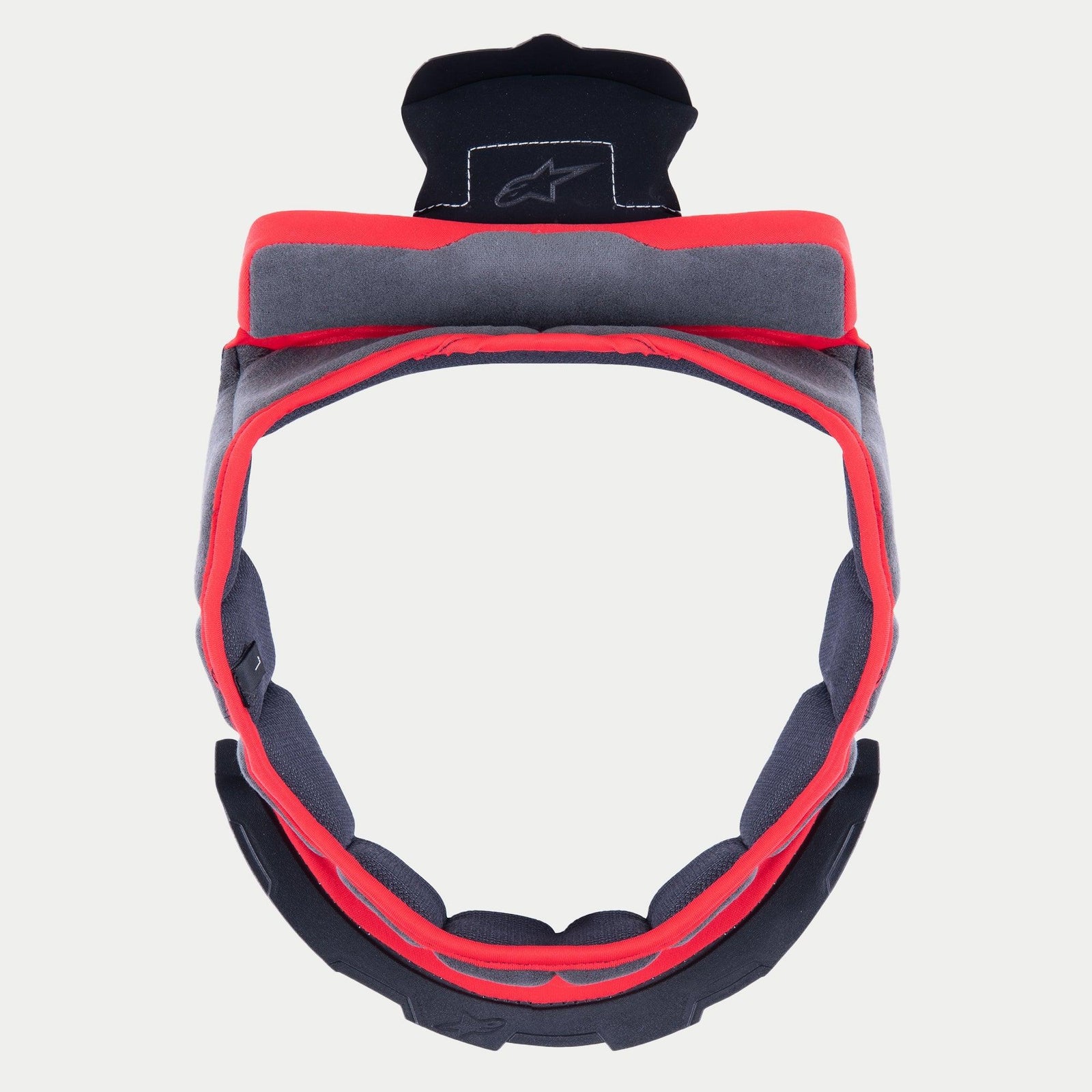 Alpinestars Supertech R10 Crown Pad, Replacement Helmet Interior Padding, Gray soft fabric with Red trim and Black attachment tabs, circular design for S-R10 helmets, featuring embroidered star logo on top tab.