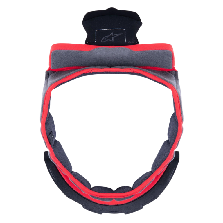 Alpinestars Supertech R10 Crown Pad, Gray replacement helmet interior padding, circular shape with red trim and gray fabric, featuring black plastic attachment components with the Alpinestars logo, designed for motorcycle helmet comfort and fit customization.