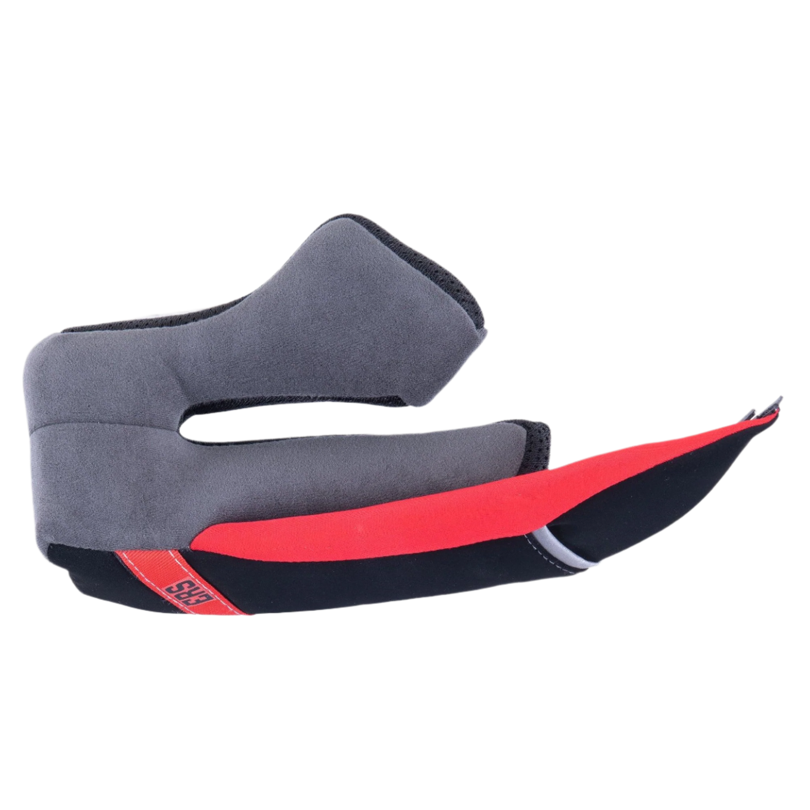Alpinestars Supertech R10 Regular Cheek Pad, right side motorcycle helmet replacement part, Gray soft-touch padding with black and red accents, featuring a red ERS Emergency Release System pull tab.