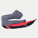 Alpinestars Supertech R10 Regular Cheek Pad, Gray and Red, replacement helmet interior part, featuring soft gray padding and a red ERS emergency release tab, side profile view