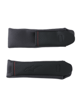 Alpinestars S-R7 Chin Strap Covers, motorcycle helmet replacement accessories, black and gray, featuring perforated panel detailing and red contrast stitching.