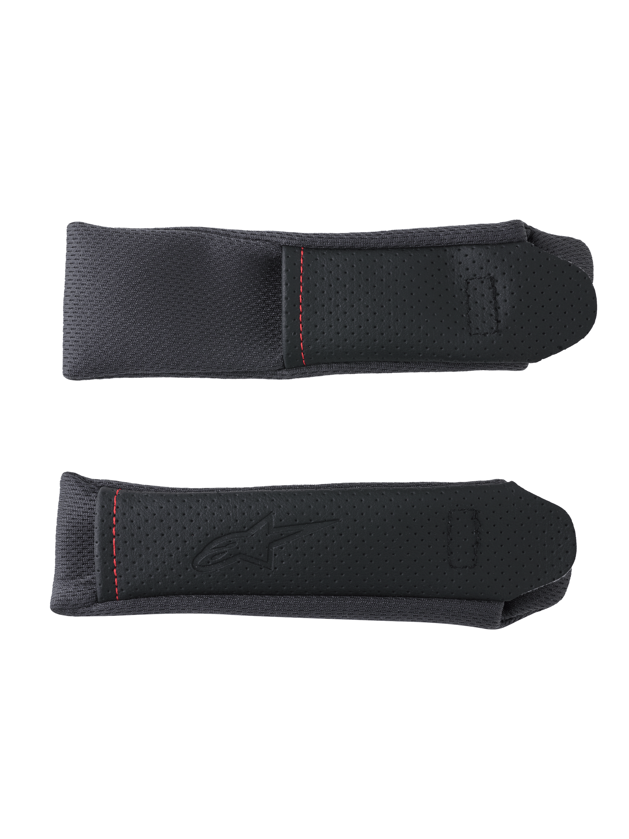 Alpinestars S-R7 Chin Strap Covers, motorcycle helmet replacement accessories, black and gray, featuring perforated panel detailing and red contrast stitching.