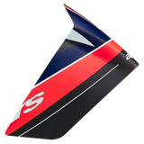 Alpinestars Supertech R10 Team Race Spoiler, Helmet Accessory, Black Carbon, Red Fluo and Dark Blue Matte, aerodynamic wing-like profile, matte finish with bold color panels, replacement part for motorcycle racing helmets