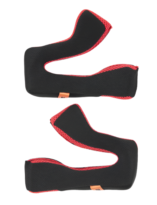 Alpinestars S-M5 Cheek Pad Set +5 mm, replacement helmet interior padding, black fabric with red mesh trim, ergonomic curved design, helmet accessory for motocross and off-road riding