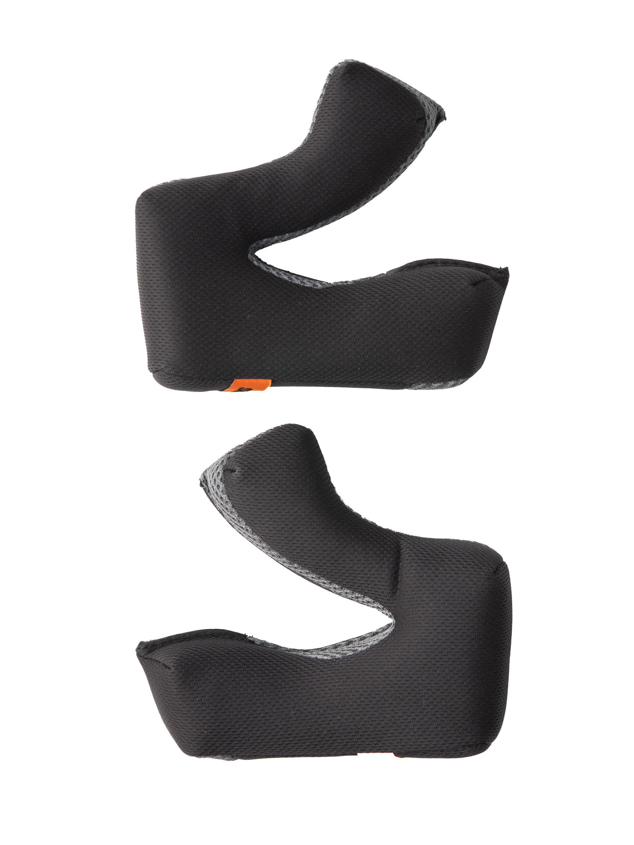 Alpinestars S-M3 Cheek Pad Set +5MM, Motocross helmet replacement pads, black textured fabric with gray mesh edges, ergonomic contoured design, moisture-wicking material for enhanced comfort and secure fit