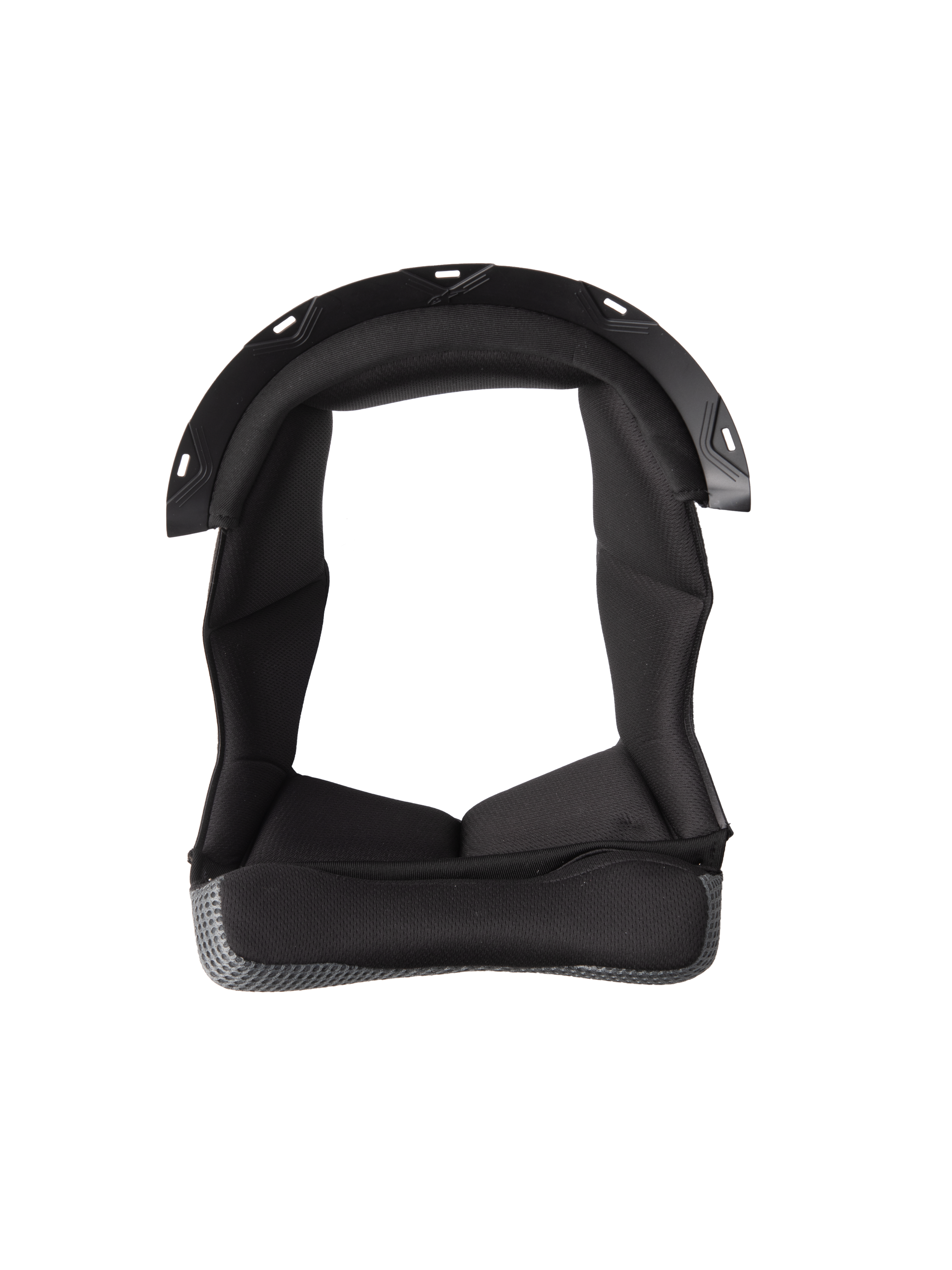 Alpinestars S-M7 Crown Pad, Black helmet liner with U-shaped design, cushioned interior with textured fabric, grey mesh material border, plastic snap-connection points, motorcycle helmet comfort and protection padding