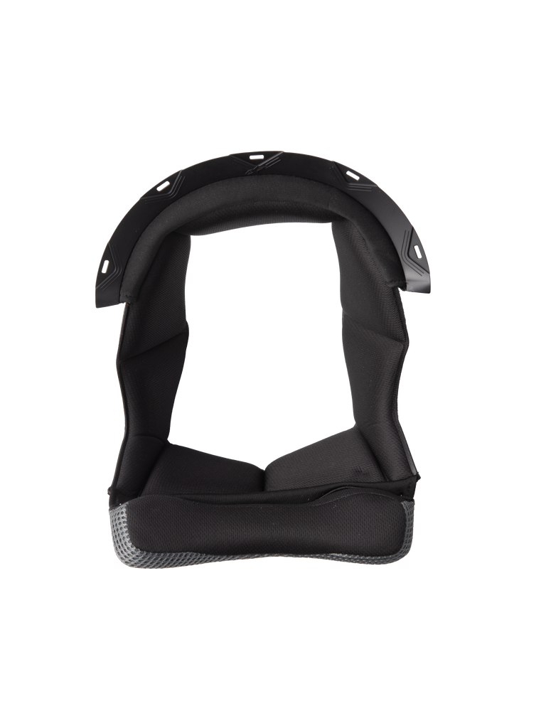 Alpinestars S-M7 Crown Pad, Black helmet liner with U-shaped design, cushioned interior with textured fabric, grey mesh material border, plastic snap-connection points, motorcycle helmet comfort and protection padding