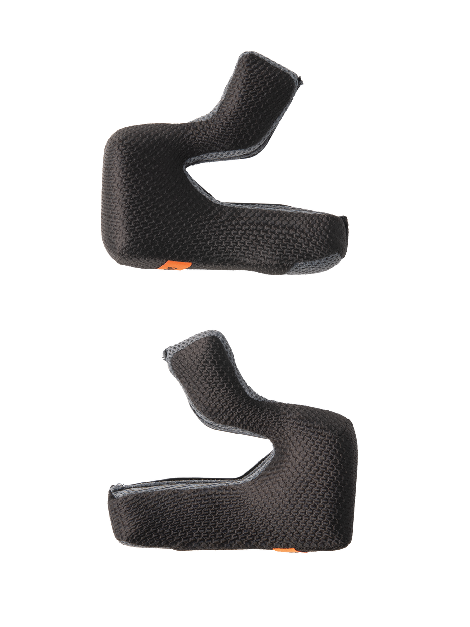 Alpinestars S-M7 Cheek Pad Set, Replacement Helmet Padding, Black with textured honeycomb fabric and gray mesh edges, contoured foam pads for ergonomic fit, featuring orange emergency release tabs, motorcycle helmet accessories