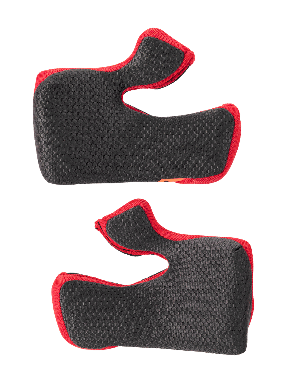 Alpinestars Supertech M10 22.06 Regular Cheek Pad Set, Black with red edges, hexagonal textured mesh surface, replacement interior padding for motocross helmets, curved ergonomic shape