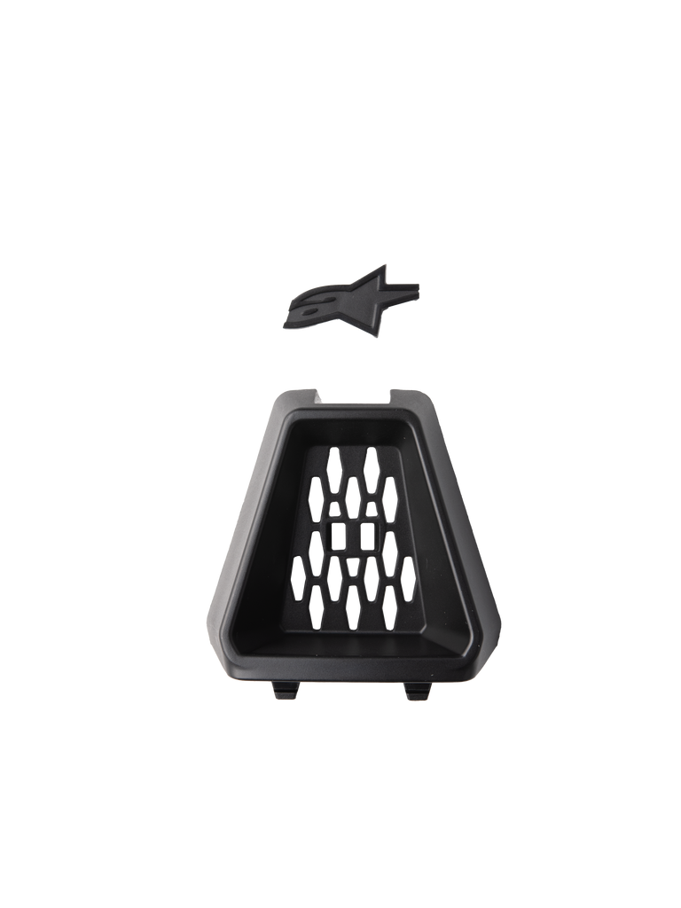 Alpinestars S-M3 Chin Vent, Helmet Accessory, Black, official replacement part featuring a trapezoidal plastic vent with a honeycomb pattern and a separate black Astars logo insert, designed for off-road motorcycle helmets.