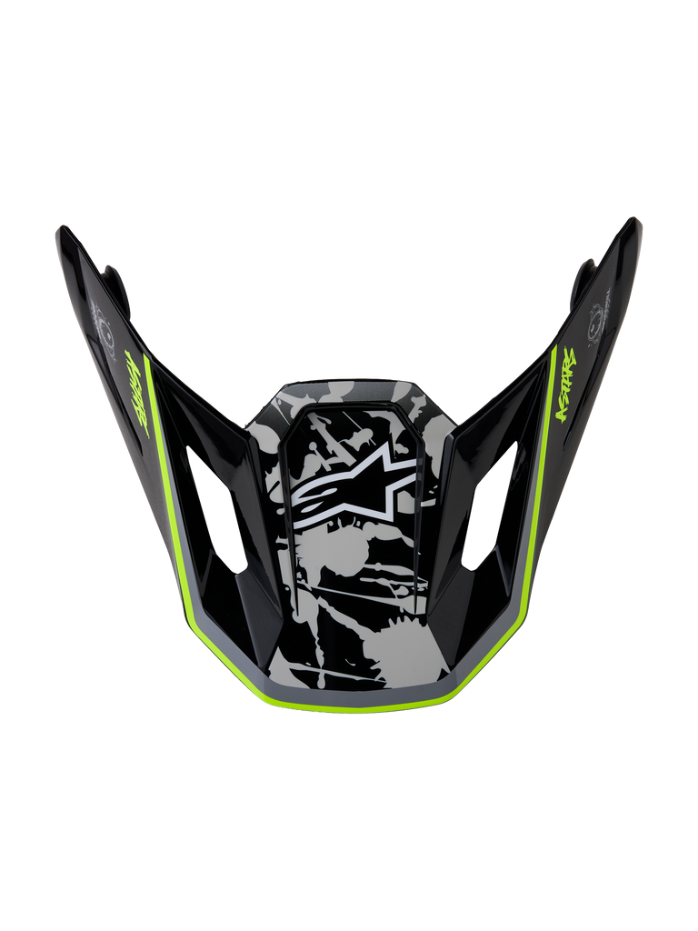 Alpinestars S-M7 Blaster Visor, motocross helmet accessory in glossy black, gray, and yellow fluo for off-road racing.