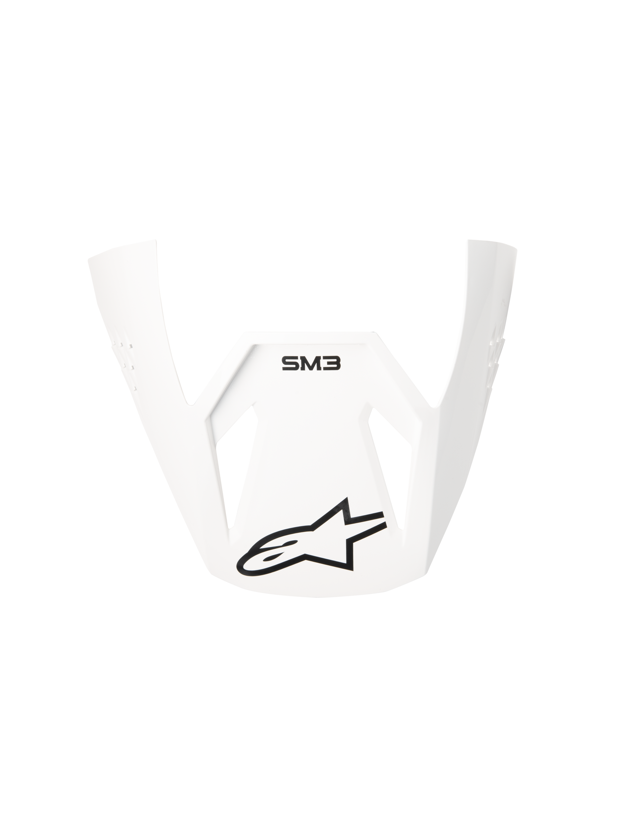 Alpinestars S-M3 Solid ECE06 Visor, White Glossy replacement peak for motocross helmets, featuring black SM3 branding and Alpinestars star logo, angular and aerodynamic design for off-road performance