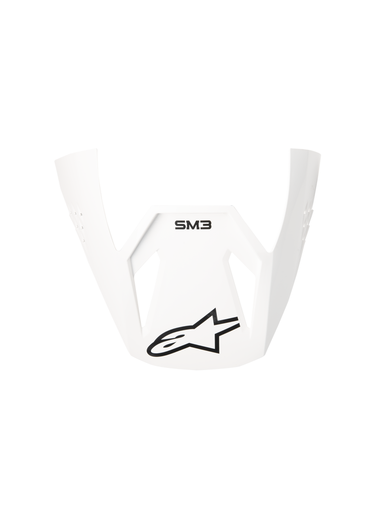 Alpinestars S-M3 Solid ECE06 Visor, White Glossy replacement peak for motocross helmets, featuring black SM3 branding and Alpinestars star logo, angular and aerodynamic design for off-road performance