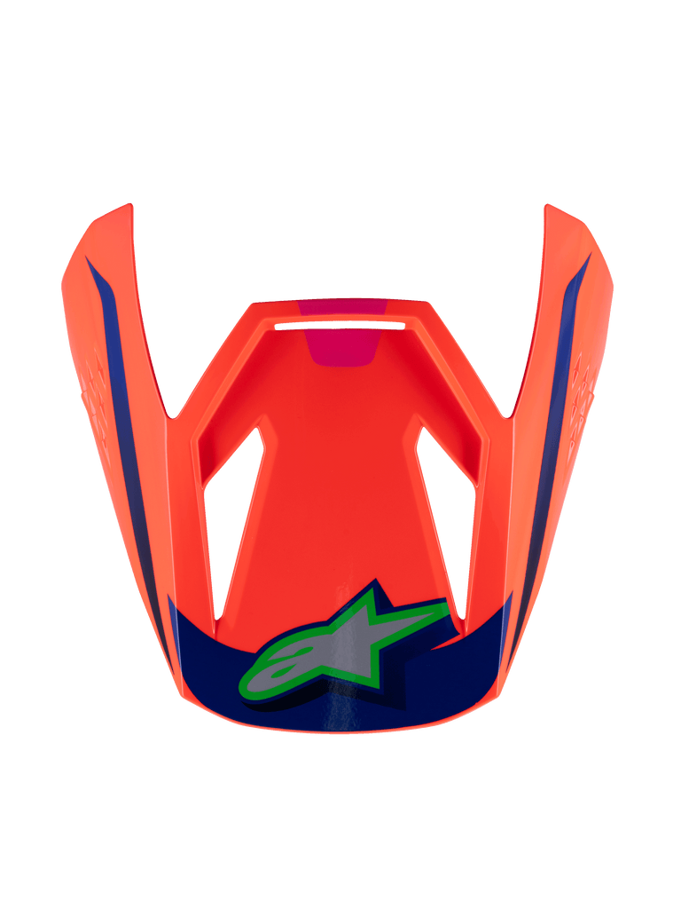 S-M3 Youth Deegan Visor, Motorcycle Helmet Visor, Orange with Blue and Green Accents, Angular Design with Glossy Finish, Stylized Green Logo on Blue Background, Modern Sharp-Edged Construction