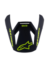 Alpinestars S-M3 Youth Radium Visor, Replacement Helmet Peak, Matte Black with Fluorescent Yellow graphics, featuring SM3 logo and Alpinestars branding, angular aerodynamic design for motocross helmets