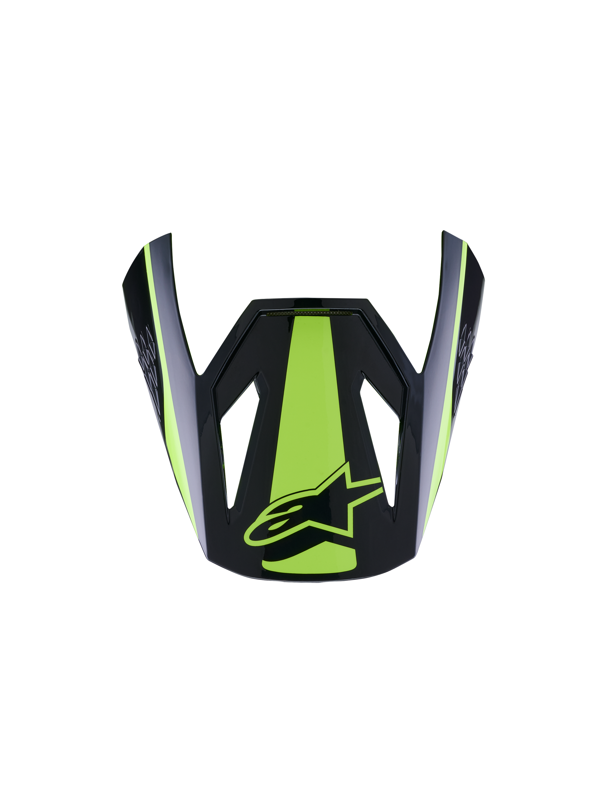 Alpinestars S-M3 Heat Visor ECE06, Motorcycle Helmet Visor, Yellow Fluo and Black Glossy, featuring a bold fluorescent yellow central stripe and side accents, glossy black finish with yellow star logo, aerodynamic peak design for motocross helmets