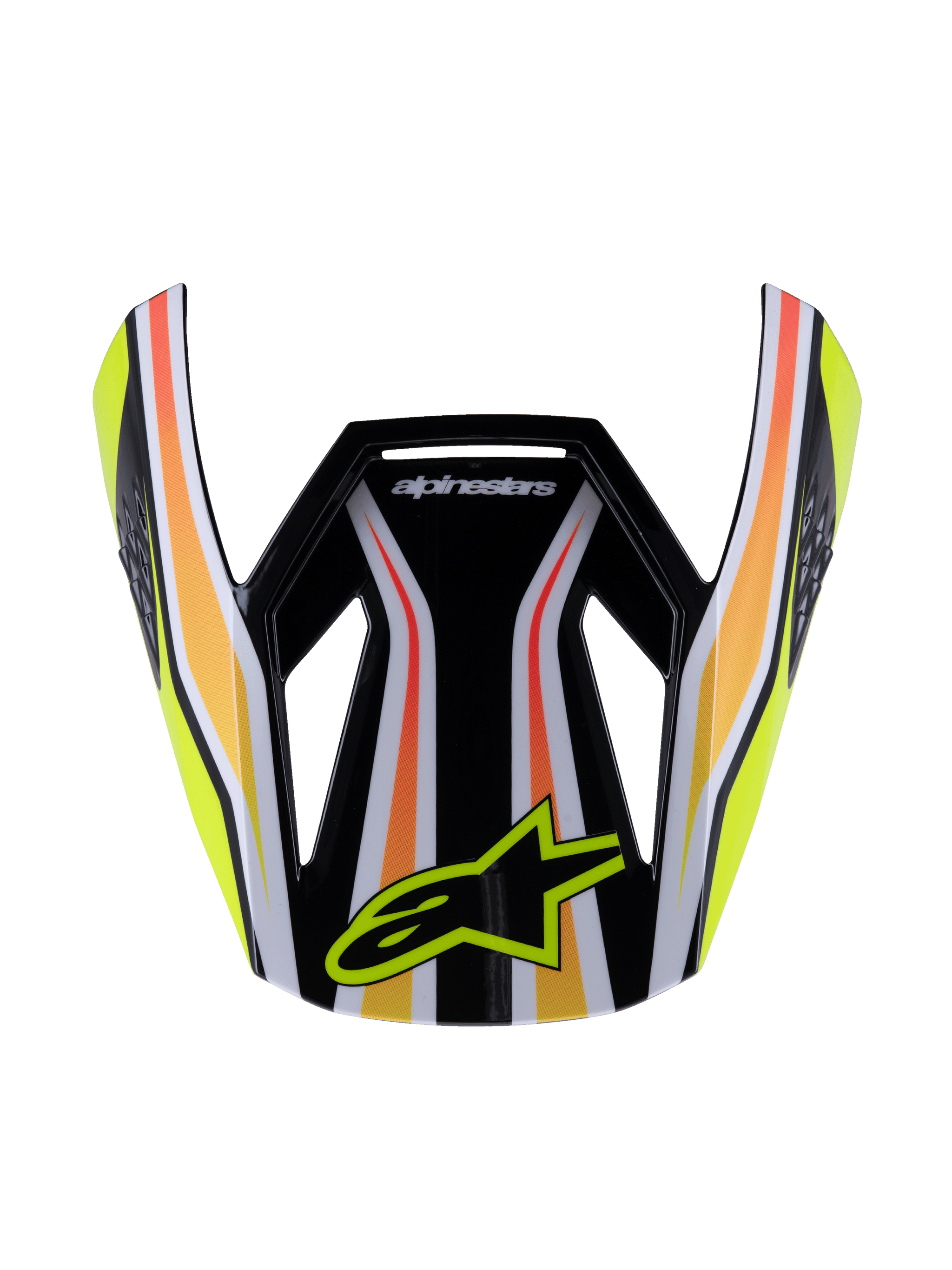 Alpinestars S-M3 Youth Wurx Visor, Motocross Helmet Visor, Black with Yellow Orange and Red stripes, featuring the yellow Alpinestars logo, glossy aerodynamic design, replacement peak for youth off-road racing