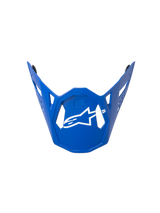 Alpinestars Supertech M10 Flood Visor, Motocross Helmet Visor, Blue with White Logo, featuring a geometric angular design with ventilation cutouts, sleek contour, official replacement part for off-road racing helmets